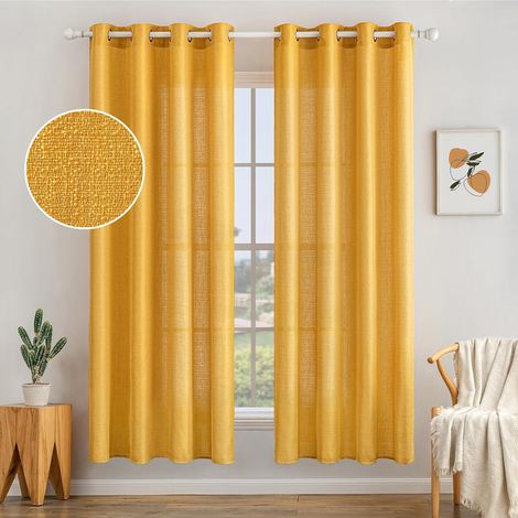 2 Panneaux Rideaux Lin Imitaion Rideau De Fenêtre Semi-Transparents Lisse Élégant Décoration Panneaux Voile De Fenêtre Durable Traitement pour Chambre Salon Balcon 140x175(L X H) Orange (1/5)