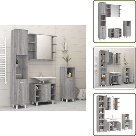 4-tlg. Badmöbel-Set Grau Sonoma Holzwerkstoff - Badmöbel Set - Badezimmermöbel - Holzwerkstoff - Grau Sonoma - Schrank (1/5)