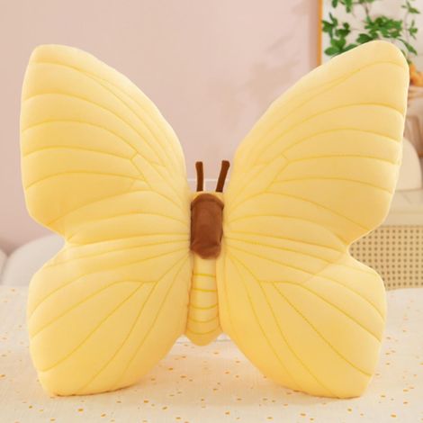 Oreiller en peluche en forme de papillon - 45 x 40 cm - Décoration d'intérieur - Coussin doux pour canapé et lit (jaune) (1/4)