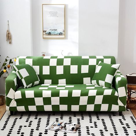Funda de sofá de 2 plazas, 140-180 cm, moderna funda de sofá con reposabrazos, fundas de sofá elásticas universales, funda protectora de sofá, rejilla verde y blanca (1/4)