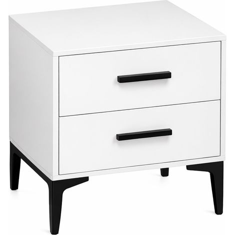 Home Heavenly® - Mesita de noche SAVIA, diseño moderno con 2 cajones, acabado blanco lacado y patas metálicas negras, 45x40x48,5  Color: Blanco