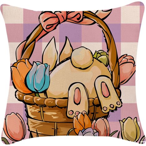 Funda de almohada decorativa de Pascua, cesta con un conejito