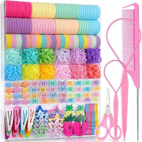 Kit d'accessoires capillaires arc-en-ciel vif pour filles de 826 pièces, élastiques multicolores et pinces décoratives mignonnes, outils de coiffure roses complets avec boîte de rangement à compartime (1/5)