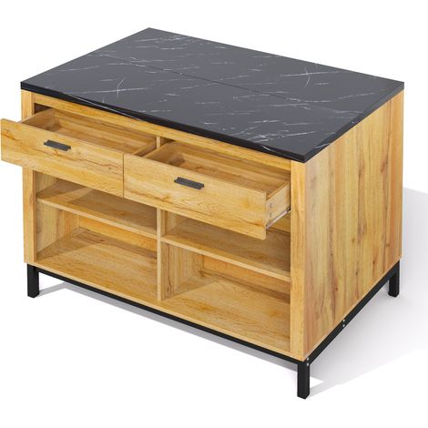 Îlot de cuisine style campagne 120 x 75 x 90 cm avec 2 tiroirs, 4 étagères ouvertes, plateau en marbre noir, structure métallique (1/5)