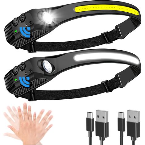 Lampe Frontale Rechargeable, 2 Pièces 230° LED Ultra Puissante Torche Frontale avec 6 Modes d’Éclairage & Détecteur de Mouvement Pour Camping, Pêche, Jogging et Randonnée (1/5)