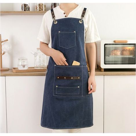 Tablier de Travail de Chef de Bricolage Tablier de Barbecue avec 4Poches -Toile de Coton Durable de 16 oz, matériel en Acier Inoxydable-bleu (1/5)