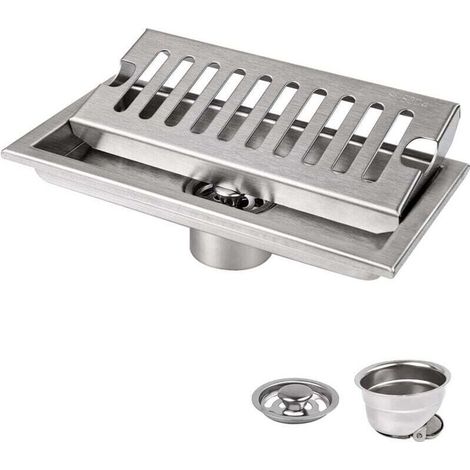 Siphon de Sol, 20 x 10 cm Siphon de Sol Rectangulaire, Argent Siphon de Sol avec Grille en Acier Inoxydable, Convient pour WC, Salle de Bain, Cuisine, Balcon