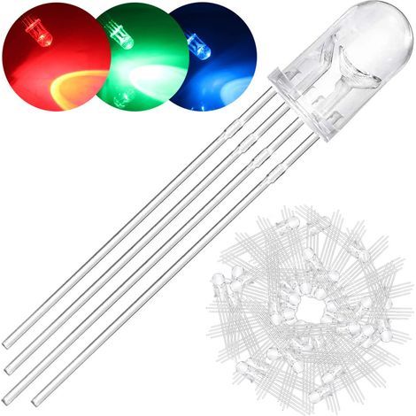 Lot de 100 diodes électroluminescentes (DEL) de 5 mm à anode commune, 3 V CC, 20 mA, tricolores RVB (rouge/vert/bleu) (1/5)