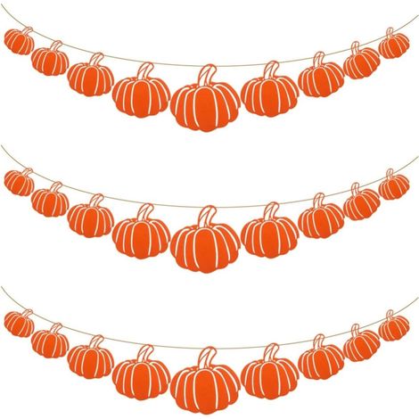 Guirlande décorative de 3 pièces en feutrine orange épaisse (motifs citrouilles) et toile de jute (1/5)