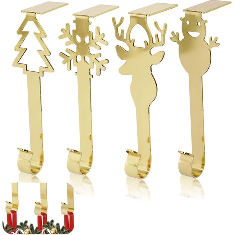 Gold Porte bas de Noël Lot de 4 Cintres pour Bas de Noël pour Cheminée Crochets de Guirlande de Noël Crochets de Cheminée pour Décoration de Noël Clip