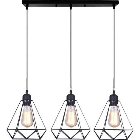 Suspension Luminaire Vintage Industrielle 3 Lampes Lustre Abat-jour en Métal et Bois Ø160mm Plafonnier E27 avec Bois Rétro Pour Salon Cuisine Chambre (B-avec barre) (1/5)
