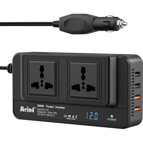 Convertisseur de tension de voiture 200 W DC 12 V vers AC 220 V avec 2 prises et 4 ports USB Chargeur de voiture à charge rapide avec prise allume-cigare pour voyages d'affaires et vacances (1/4)