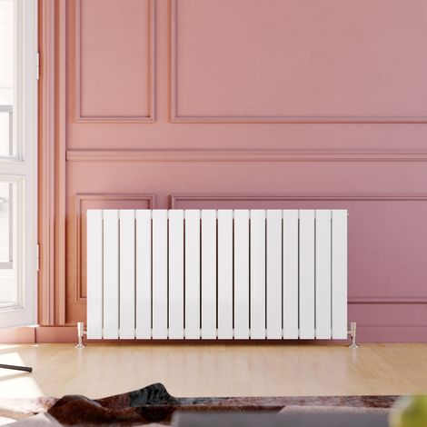 ELEGANT 600 x 1216 mm White Designer Rads Horizontal Double Flat Panel Radiator Heater + Chrome Thermostatic Radiator Valves High Heat Output (1/5)