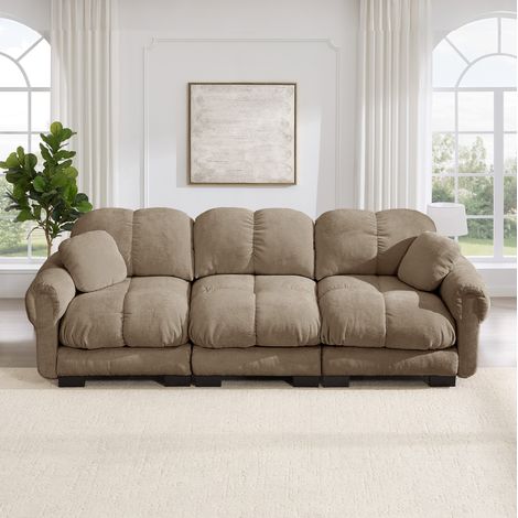 Modulares Sofa braun aus Chenille mit Steppnähten und 2 Kissen (1/5)