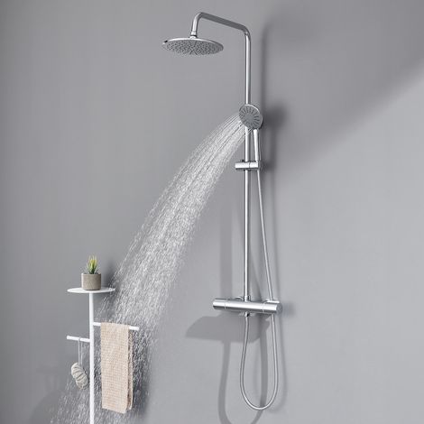Auralum Colonne de Douche Thermostatique Ensemble de Douche Ronde en Laiton Système de Douche Hauteur Réglable 84 - 121 cm Set de Douche Douchette avec 3 Jets D’eau Chromé (1/6)