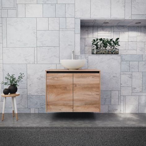 Inda - Badezimmerschrank B.80 mit Aufsatzwaschbecken / Natureiche 2 Türen - Saphir