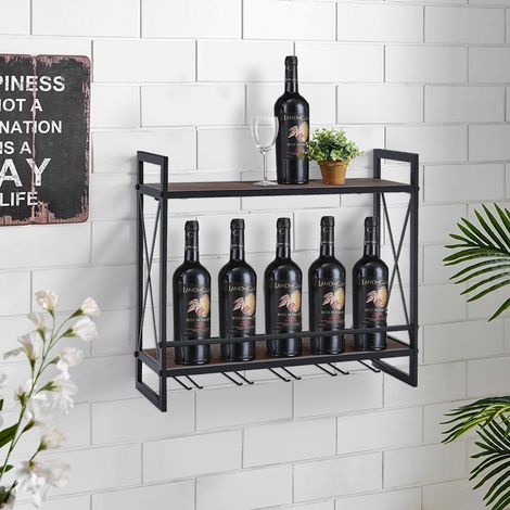 Black Industrial Wine Glass Rack Wall Mounted Wine Shelf (1/5)