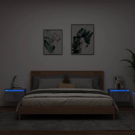 Mesitas de noche de pared con luces LED 2 uds gris hormigón vidaXL