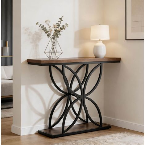 Console industrial chic 134x36.5x18 cm, base in metallo a farfalla, piano in MDF, nero marrone (1/5)