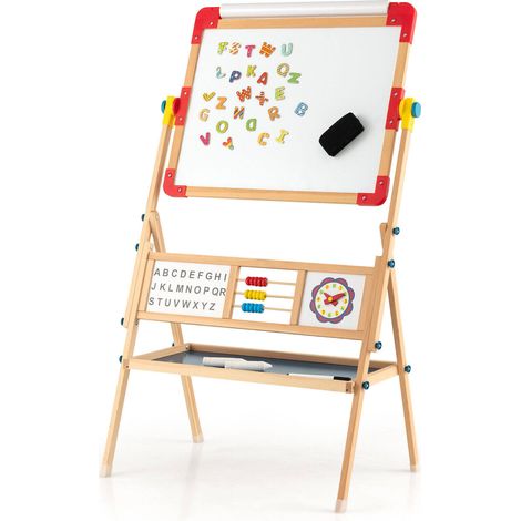 Chevalet enfant en bois 3-en-1 avec tableau double face rotatif, rouleau de papier, rangement et craies pour maison (1/5)