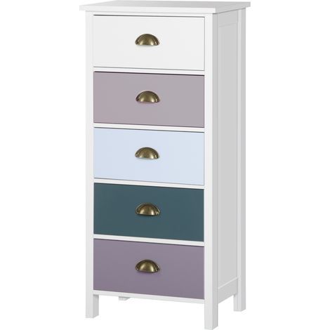 Chiffonnier commode meuble de rangement 5 tiroirs multicolores avec poignée métal coquille MDF - dim. 45L x 30l x 95,4H cm (1/5)