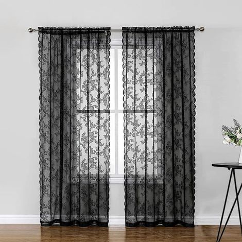 Rideaux en dentelle noire pour Halloween, style gothique, voilage, 213 cm (84 pouces), rideaux de porte bohèmes, 150 x 200 cm (84 pouces), noirs (1/4)