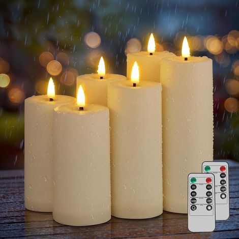 Lot de 6 Bougie LED Extérieur Etanche IP65 Minuterie Télécommande Flamme Vacillante Plastique Ivoire Jardin