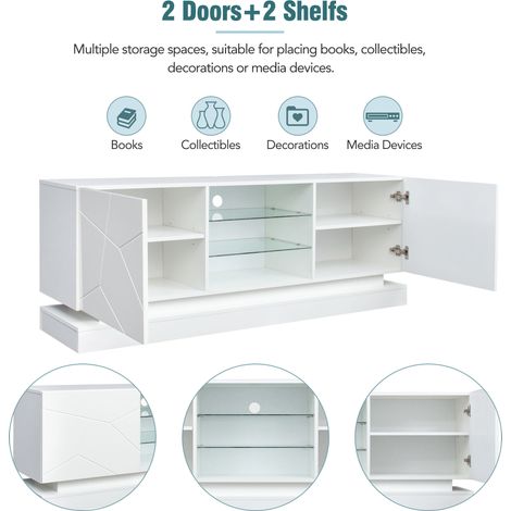 Meuble TV blanc dépoli 160 cm, étagère en verre ajustable, support écran 70 pouces, buffet avec rangement élégant et charnières silencieuses (1/5)