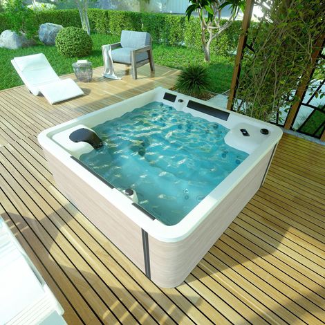 Kinedo – Spa rigide 6 places carré 228x228x94 cm – 32 buses de massage – Chromothérapie – Structure en acier – Pompe 1500 W pour détente optimale (1/3)