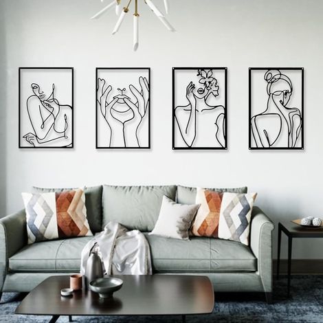 4-teiliges Wanddekor aus Metall, 43 x 30 cm, für Wohnzimmer, Schlafzimmer, Küche, Bad und Wohnzimmer. Modernes, minimalistisches, abstraktes Wandbild mit Frauenmotiv. (1/5)