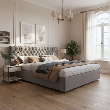 Letto imbottito 160x200 cm grigio in velluto, con testiera alta, rete a doghe e vano contenitore idraulico (1/5)