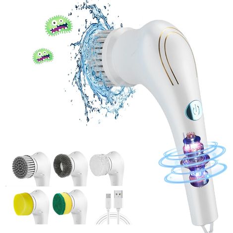 Cepillo de limpieza eléctrico, fregador de 360°, 5 cabezales intercambiables, resistente al agua IPX7, batería de alta capacidad, cepillo de limpieza para taladros de cocina y hogar. (1/5)