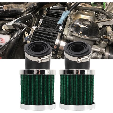 Filtres à air universels pour motos, 28-48 mm, coudés à 45° (lot de 2), compatibles avec les motos 50 cc, 70 cc, 90 cc et 125 cc (scooters, scooters, motos tout-terrain) - Argent/Vert (1/5)