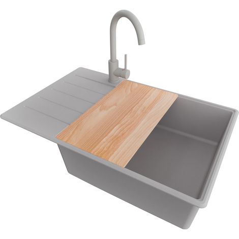 PRIMAGRAN Evier Cuisine en Granit 78x50cm, Lavabo 1 bac + Robinet 32x20cm + Kit de Vidage + Accessoire, Évier à Encastrer au meuble 60cm - Copenhague, Gris (1/5)