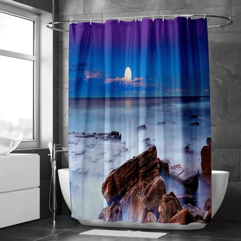 Rideau de douche motif montagne enneigée et vallée, polyester imperméable, 90x180 cm (1/5)