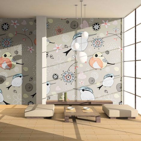 Papier peint oiseaux sur fond rose - 250 x 193 cm (1/4)