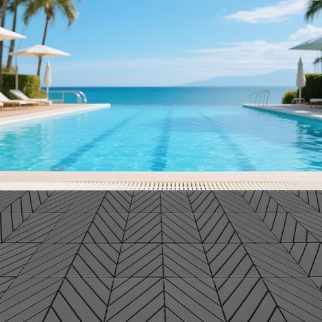 Dalles de terrasse emboîtables en 44 pièces, pavés carrés étanches de 3030 cm, adaptés aux abords de piscine, balcons, jardins, etc., gris foncé. (1/5)