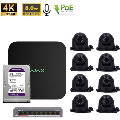 Ajax Kit videosorveglianza NVR 8 Canali + TurretCam 8Mp Nero + HDD 2Tb + Switch PoE - 70938 NR.08 Telecamere