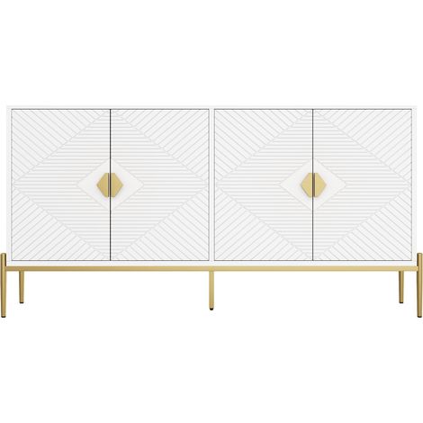 Credenza moderna bianca 162 x 40 x 80 cm con ante geometriche e dettagli in metallo dorato (1/5)