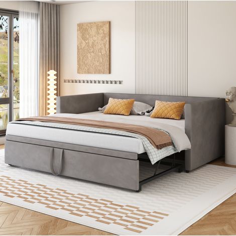 Canapé-lit 90/200-180/200 cm gris en tissu velours avec lit gigogne (1/5)