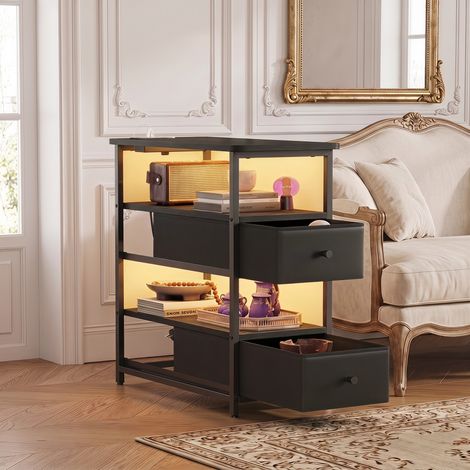 Mesa auxiliar con enchufe y LED para salón y dormitorio, puerto USB Type-C, diseño de 4 niveles con 2 cajones, negro (1/5)