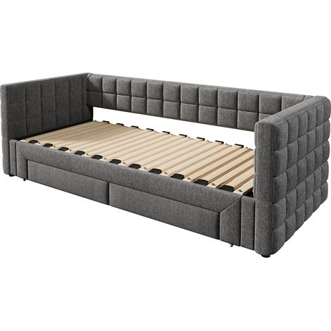 Divano letto estraibile 90 x 200 cm in velluto grigio con schienale trapuntato e 2 cassetti MODENUIT (1/5)