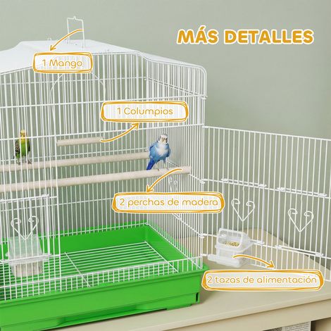 Cage à oiseaux en acier avec 2 mangeoires, 2 perchoirs, balançoire, plateau amovible et poignée, 46,5 x 36 x 59 cm, verte (1/5)