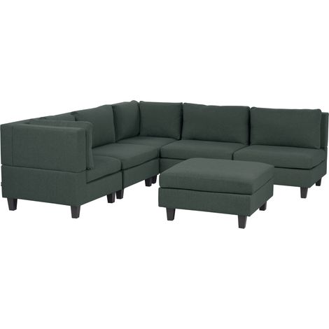 Sofá modular esquinero moderno 5 plazas tapizado tela patas negras respaldo acolchado derecho con otomana verde oscuro Unstad