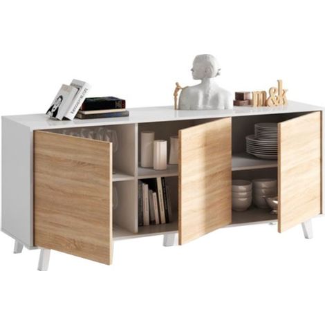 Buffet 3 portes blanc 154x41x75 cm – Série Zaiken avec 6 compartiments – 4 pieds plus un central pour stabilité – Fores Habitat S.L.U. (1/4)