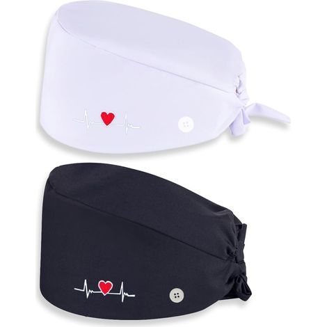 Lot de 2 Calots Chirurgicaux en Tissu, Accessoires Infirmière pour Médecins, Calot Femme et Homme, Confortable et Élégant pour Procédures Médicales (Noir + Blanc) (1/5)