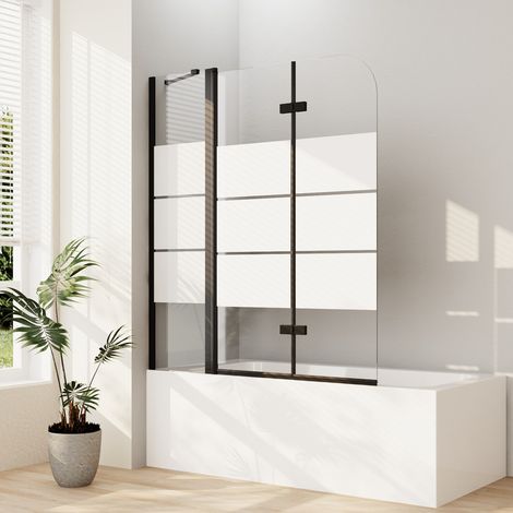 Schwarz Duschwand für Badewanne 140x140 cm Badewannenaufsatz 3-teilig Duschtrennwand für Badewanne Duschwand Badewanne Faltwand Duschabtrennung Badewanne, 6mm ESG Glas mit Milchglas Streifen