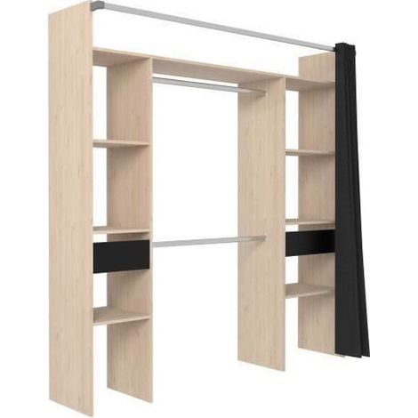 Dressing penderie avec rideau – Décor chêne jackson et noir – L 198 x P 48 x H 203 cm – Pour espaces modernes – Ekipa