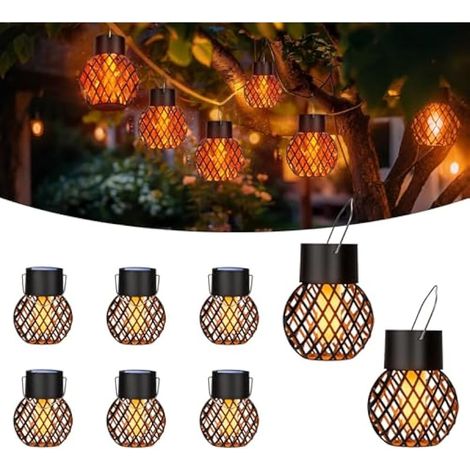 Juego de 8 luces solares colgantes para exteriores con efecto de llama parpadeante: decoración para jardín, patio, balcón, valla, terraza o fiestas (resistentes al agua IP65).