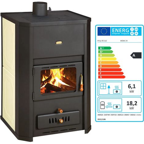 Prity – Poêle à bois 6 kW – Chaudière intégrée 23 kW – Sortie de fumée supérieure 130 mm – Pour chauffage central – Dimensions 650x550x930 mm (1/5)